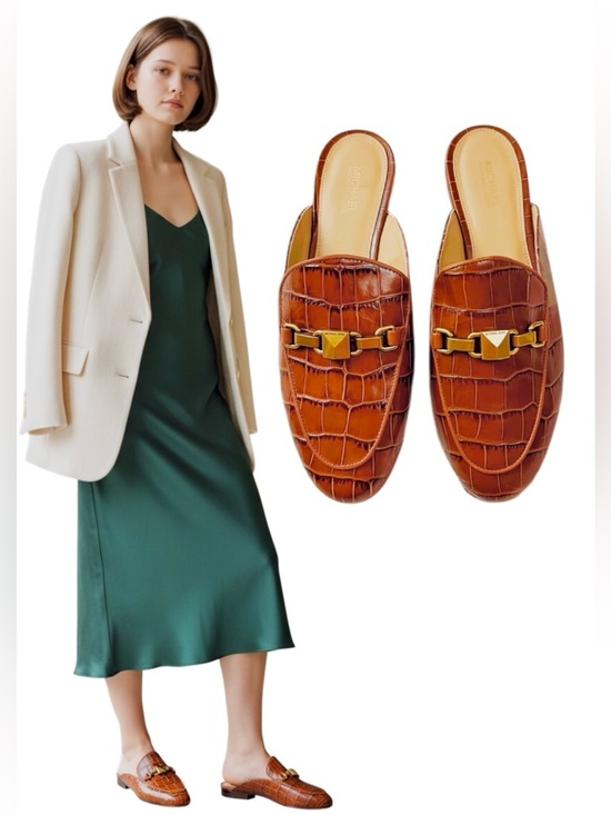 MICHAEL Michael Kors Shoes - Michael Kors Charlton Croc-Embossed Leather Mules with Gold Hardware🤎💛